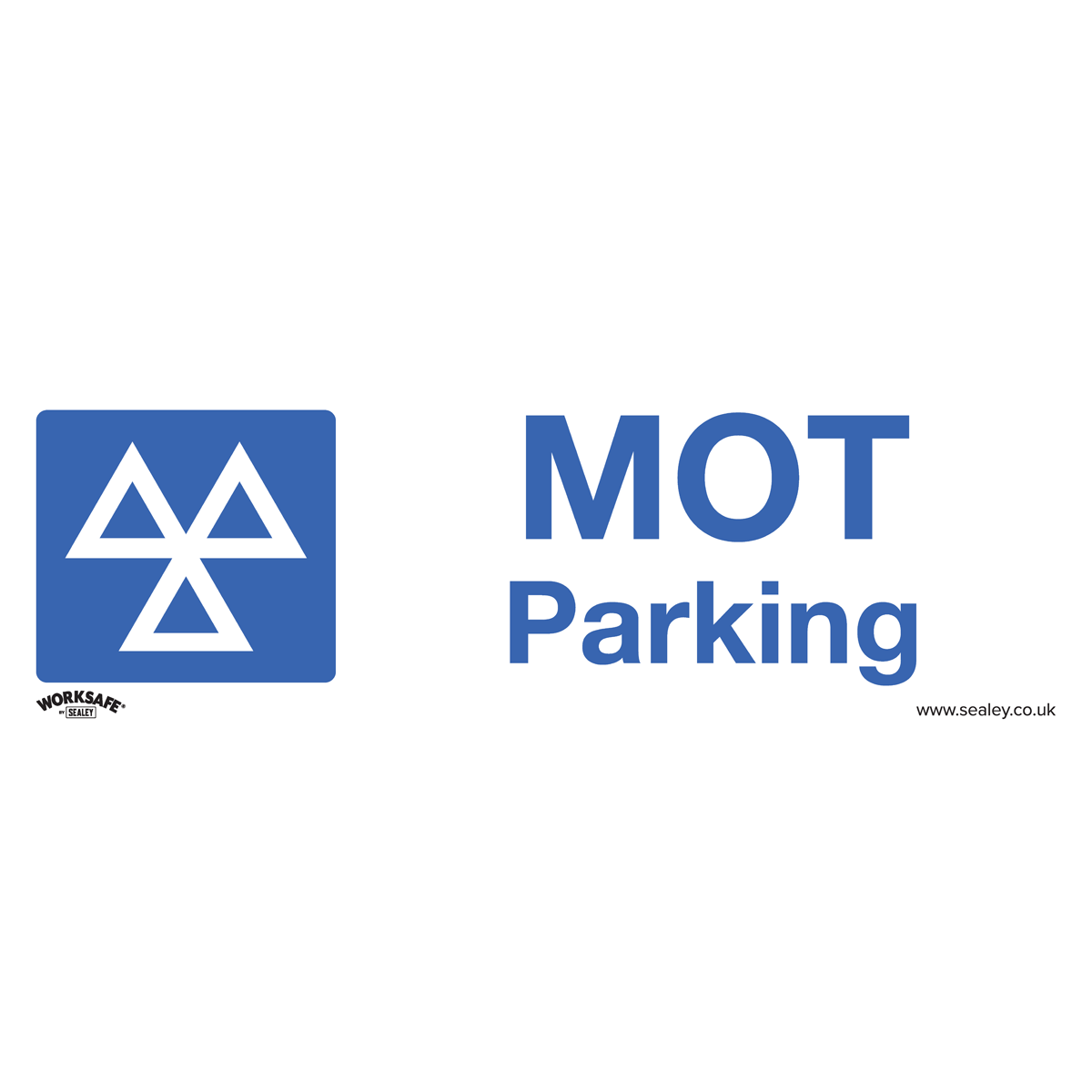 The Warning Safety Sign - MOT Parking - Self-Adhesive Vinyl (Product Code: SS49V1) by Sealey features a blue and white design with the MOT symbol on the left and "MOT Parking" text on the right. Made from durable self-adhesive vinyl, it is ideal for commercial environments. The sign also includes the "WORKSAFE" and "sealey.co.uk" logos at the bottom.