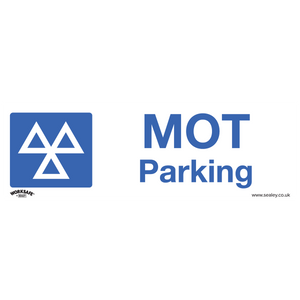 The Warning Safety Sign - MOT Parking - Self-Adhesive Vinyl (Product Code: SS49V1) by Sealey features a blue and white design with the MOT symbol on the left and "MOT Parking" text on the right. Made from durable self-adhesive vinyl, it is ideal for commercial environments. The sign also includes the "WORKSAFE" and "sealey.co.uk" logos at the bottom.