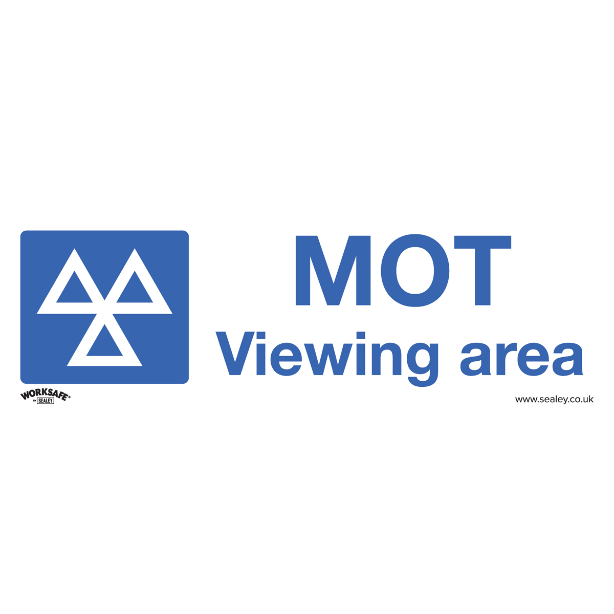 The Warning Safety Sign - MOT Viewing Area by Sealey is constructed from durable rigid plastic and boasts a blue background with a white triangle logo and text that reads "MOT Viewing area." The company's branding, "Sealey," is displayed in the corners. Perfect for commercial settings, this sign is available in a convenient pack of 10. Product code: SS50P10.