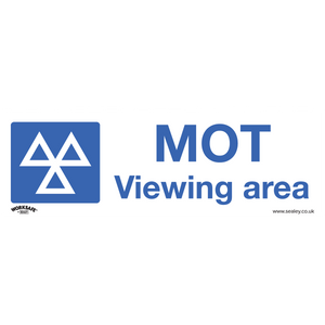 The Warning Safety Sign - MOT Viewing Area by Sealey is constructed from durable rigid plastic and boasts a blue background with a white triangle logo and text that reads "MOT Viewing area." The company's branding, "Sealey," is displayed in the corners. Perfect for commercial settings, this sign is available in a convenient pack of 10. Product code: SS50P10.