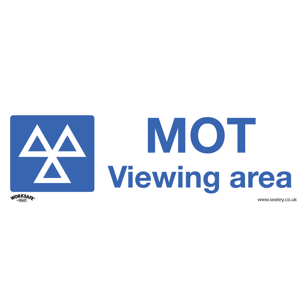 The Warning Safety Sign - MOT Viewing Area - Rigid Plastic - SS50P1 from Sealey, made of durable rigid plastic, features a blue color with a triangular emblem and text. The sign includes the Sealey logo and website URL in the bottom corners, making it perfect for both office and commercial settings.