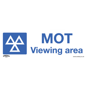 The Warning Safety Sign - MOT Viewing Area - Rigid Plastic - SS50P1 from Sealey, made of durable rigid plastic, features a blue color with a triangular emblem and text. The sign includes the Sealey logo and website URL in the bottom corners, making it perfect for both office and commercial settings.