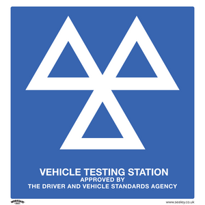 Sealey's Warning Safety Sign - MOT Testing Station, available as a pack of 10 (SS51P10), is a blue sign with a white geometric logo, crafted from rigid plastic and indicating approval by the Driver and Vehicle Standards Agency.