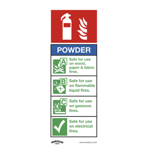 Introducing the Sealey Safe Conditions Safety Sign, Powder Fire Extinguisher - Rigid Plastic (Model: SS52P1). This label clearly indicates that it is a powder-type extinguisher, suitable for combating wood, paper, fabric, flammable liquid, gaseous, and electrical fires. Designed to meet the safety needs of office settings and commercial environments.