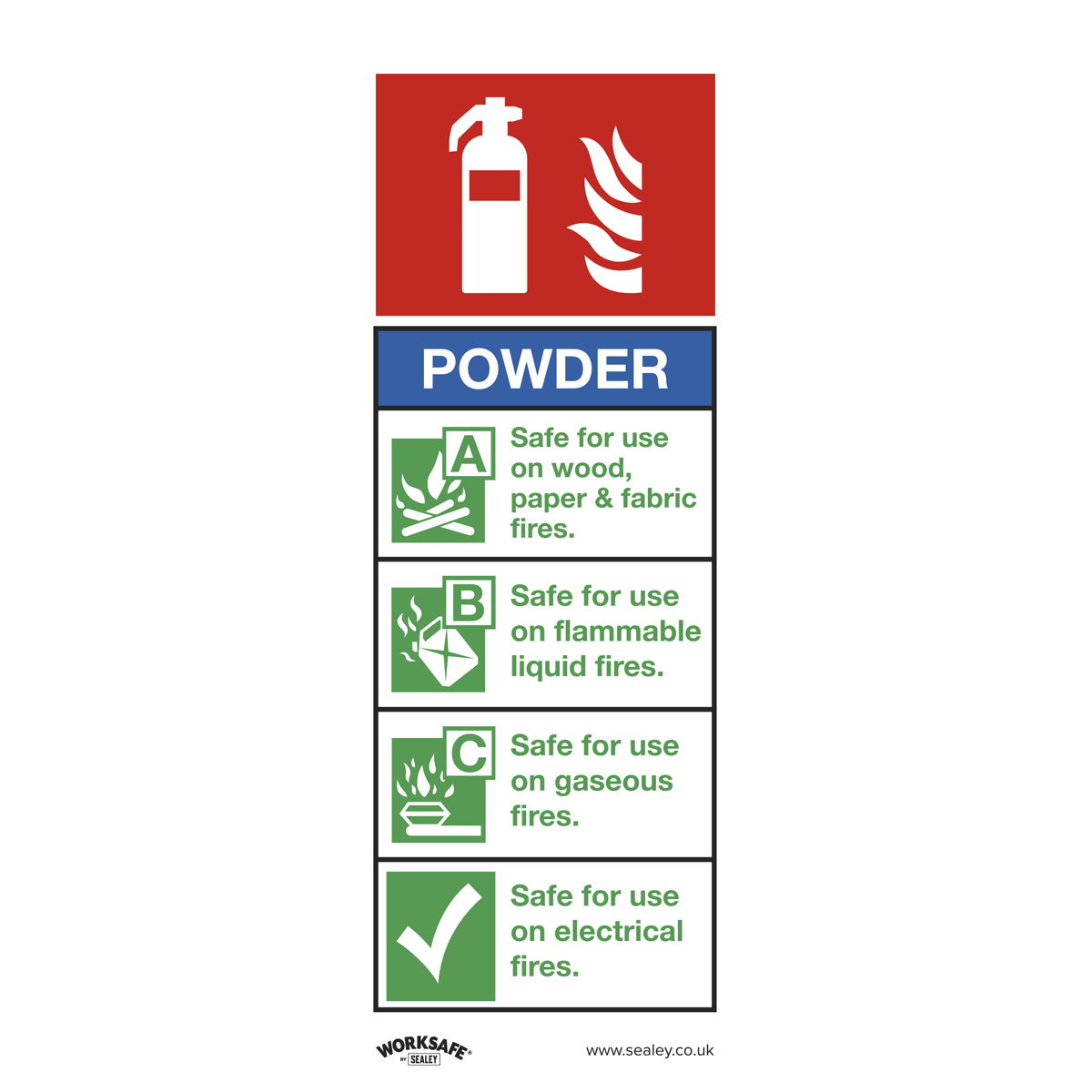 The Sealey Safe Conditions Safety Sign - Powder Fire Extinguisher (SS52V10), made from self-adhesive vinyl, indicates that powder extinguishers are safe for use on wood, paper, fabric, flammable liquids, gaseous fires, and electrical fires. Ideal for office use in commercial environments.