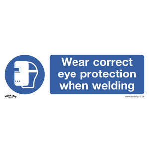 Sealey's Mandatory Safety Sign - Wear Eye Protection When Welding (SS54P1) features an icon of a welding helmet and text instructing to "Wear correct eye protection when welding." Ideal for commercial environments, the sign is crafted from durable rigid plastic.