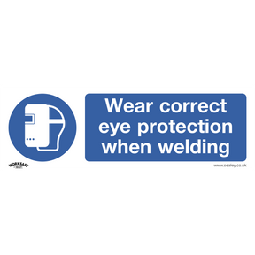 Sealey's Mandatory Safety Sign - Wear Eye Protection When Welding (SS54V10) features a welding helmet icon and bold white text on a blue, self-adhesive vinyl background. It's perfect for commercial environments or office workshops and comes in a pack of 10.