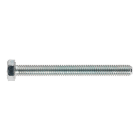 Shown is the HT Setscrew M5 x 50mm 8.8 Zinc from Sealey, featuring high tensile strength, full threading, and a hexagonal head.