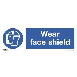 The Sealey Mandatory Safety Sign - Wear Face Shield (SS55P10) features a blue background with white text stating "Wear face shield" and an icon of a person wearing a face shield. Designed from rigid plastic, it's ideal for commercial environments. The sign includes the "Worksafe" logo and the website "sealey.co.uk." Available in packs of 10.