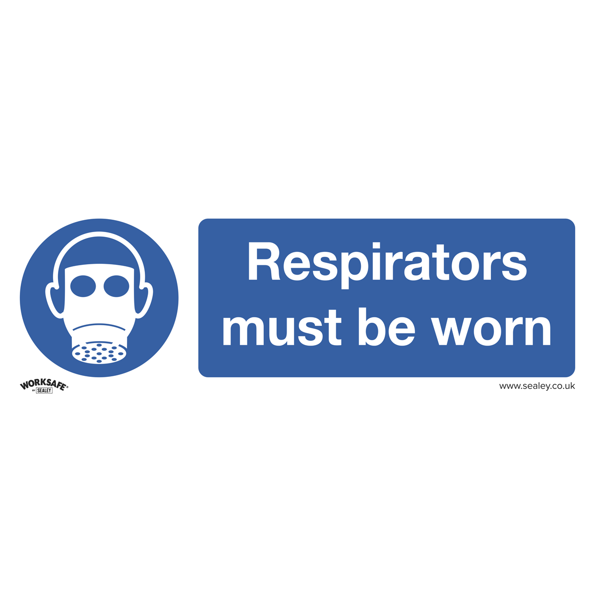 The Sealey Mandatory Safety Sign - Respirators Must Be Worn (model SS56P1) is a blue and white sign made of rigid plastic, featuring an icon of a person wearing a respirator mask alongside the text "Respirators must be worn." It is ideal for use in office settings and commercial environments.