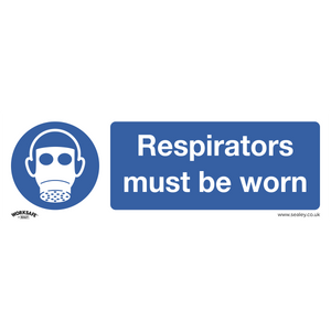 The Sealey Mandatory Safety Sign - Respirators Must Be Worn (model SS56P1) is a blue and white sign made of rigid plastic, featuring an icon of a person wearing a respirator mask alongside the text "Respirators must be worn." It is ideal for use in office settings and commercial environments.