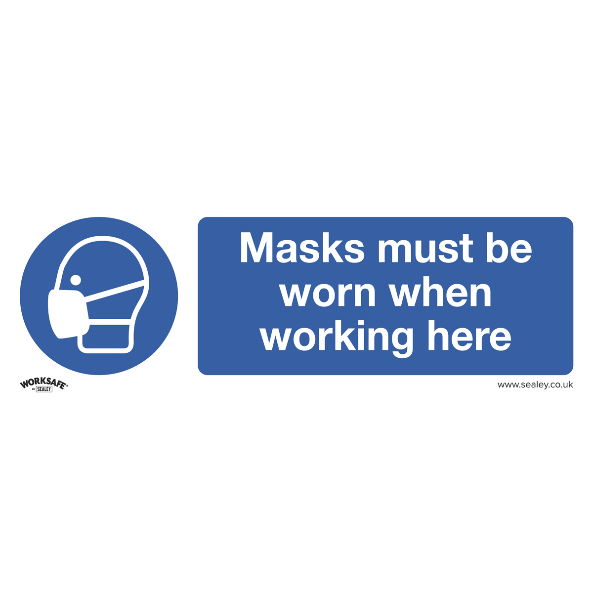 The Sealey Mandatory Safety Sign - Masks Must Be Worn (SS57V10) is a blue and white self-adhesive vinyl sign featuring an image of a person wearing a mask along with the text: "Masks must be worn when working here." Ideal for office workshop environments, it is available in a pack of 10.