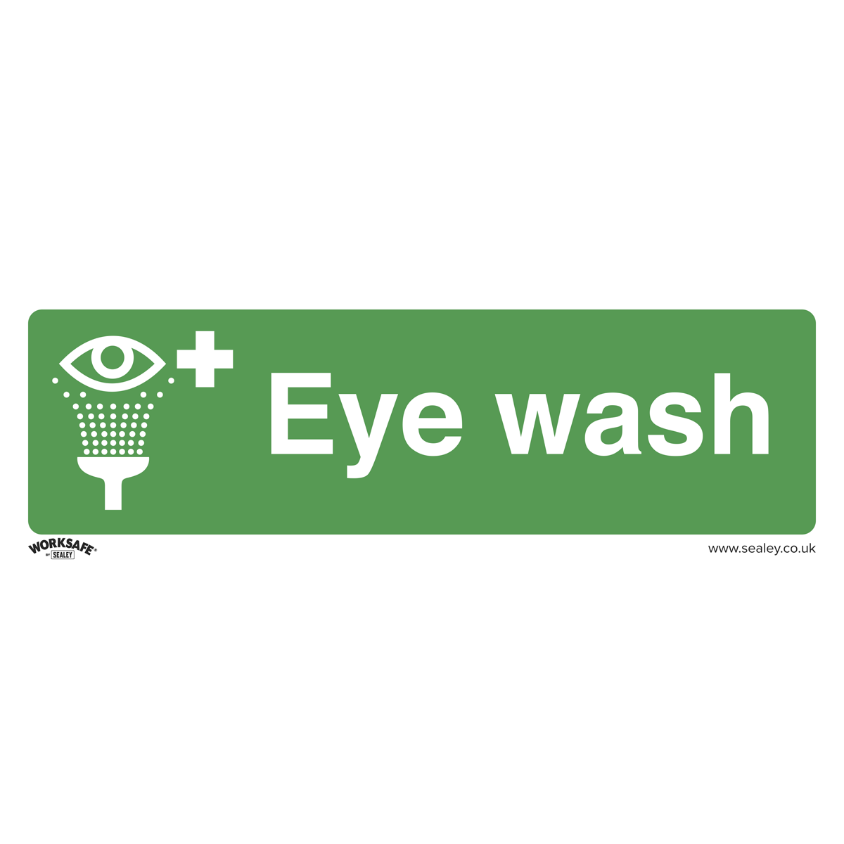 The Sealey Safe Conditions Safety Sign - Eye Wash (SS58P1) is a green sign crafted from durable rigid plastic, featuring the text "Eye wash" along with an eye and spray icon to indicate the location of an eye wash station, making it ideal for commercial environments.