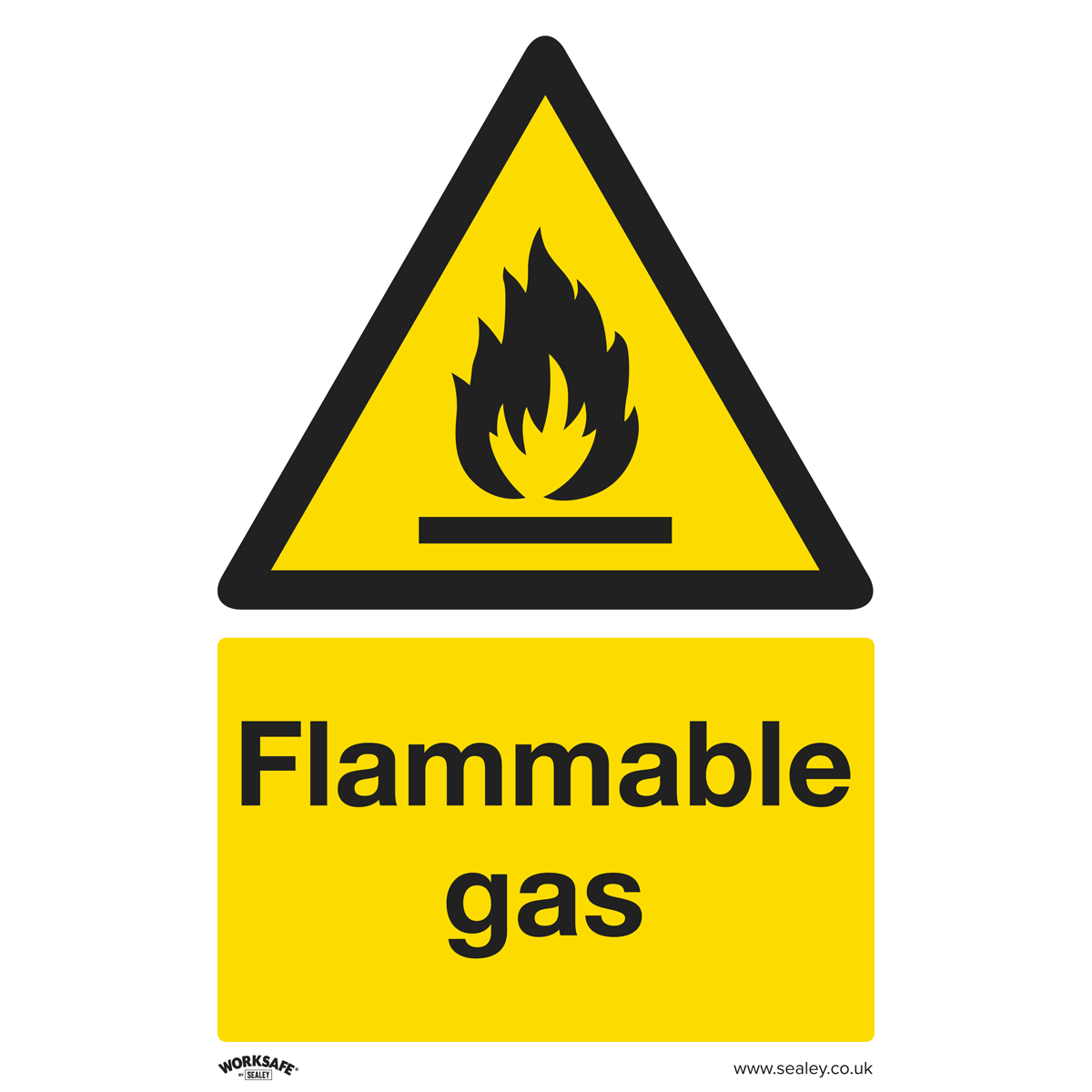 The Sealey Warning Safety Sign - Flammable Gas (SS59P10) is made of rigid plastic and comes in a pack of 10. Featuring a yellow background with a flame icon and the text "Flammable Gas" below it, these signs are ideal for office or commercial environments.