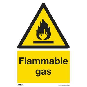 The Sealey Warning Safety Sign - Flammable Gas (SS59P10) is made of rigid plastic and comes in a pack of 10. Featuring a yellow background with a flame icon and the text "Flammable Gas" below it, these signs are ideal for office or commercial environments.