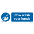 Sealey's Mandatory Safety Sign - "Now Wash Your Hands" (product code SS5P1) is made of rigid plastic and features a blue and white design with an icon of hands under running water. It's ideal for commercial environments or office use.