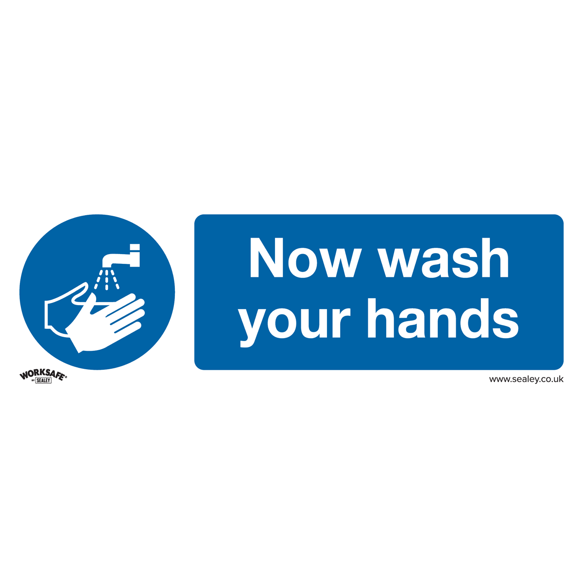 Sealey's Mandatory Safety Sign - "Now Wash Your Hands" (product code SS5P1) is made of rigid plastic and features a blue and white design with an icon of hands under running water. It's ideal for commercial environments or office use.