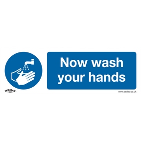 This Sealey Mandatory Safety Sign (SS5V1), featuring an icon of hands under a faucet with the text "Now wash your hands," is made from self-adhesive vinyl. Ideal for commercial environments such as offices, it also includes the website www.sealey.co.uk.