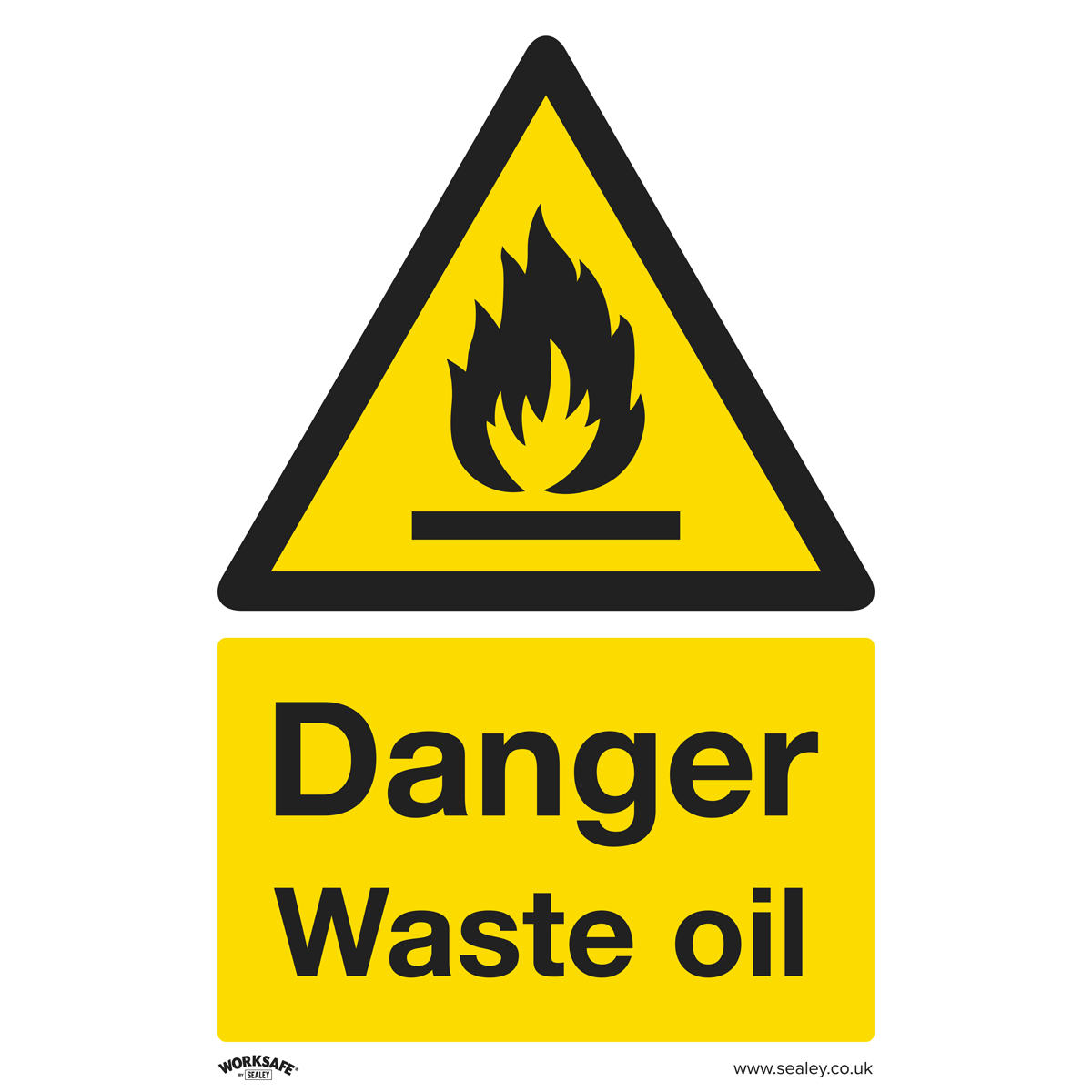 Sealey's Warning Safety Sign - Danger Waste Oil, featuring a yellow background with a flame icon and black text, is perfect for commercial use. Made from durable rigid plastic, this pack of 10 (SS60P10) ensures long-lasting safety indications.