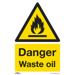 Sealey's Warning Safety Sign - Danger Waste Oil, featuring a yellow background with a flame icon and black text, is perfect for commercial use. Made from durable rigid plastic, this pack of 10 (SS60P10) ensures long-lasting safety indications.