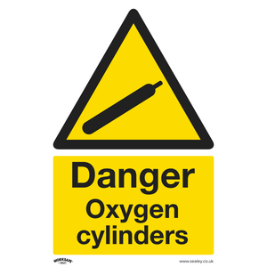 The Sealey Warning Safety Sign - Danger Oxygen Cylinders - Rigid Plastic (SS61P1) is a yellow sign with a black border that features an image of an oxygen cylinder and the text "Danger Oxygen cylinders." Ideal for office or commercial environments, it is made from rigid plastic for durability.