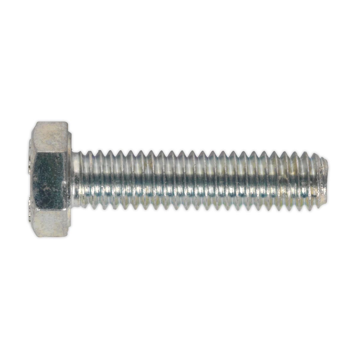 A close-up image of the HT Setscrew M6 x 25mm 8.8 Zinc (Pack of 50 - SS625) by Sealey, showcasing its high tensile strength and threaded shaft, reminiscent of DIN 933 zinc plated setscrews.