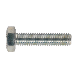 A close-up image of the HT Setscrew M6 x 25mm 8.8 Zinc (Pack of 50 - SS625) by Sealey, showcasing its high tensile strength and threaded shaft, reminiscent of DIN 933 zinc plated setscrews.