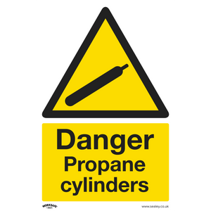 The Sealey Warning Safety Sign - Danger Propane Cylinders - SS62P10 is a yellow triangular sign made of rigid plastic. It features the text "Danger Propane cylinders" beneath an image of a gas cylinder, making it ideal for commercial environments. Available in a pack of 10.