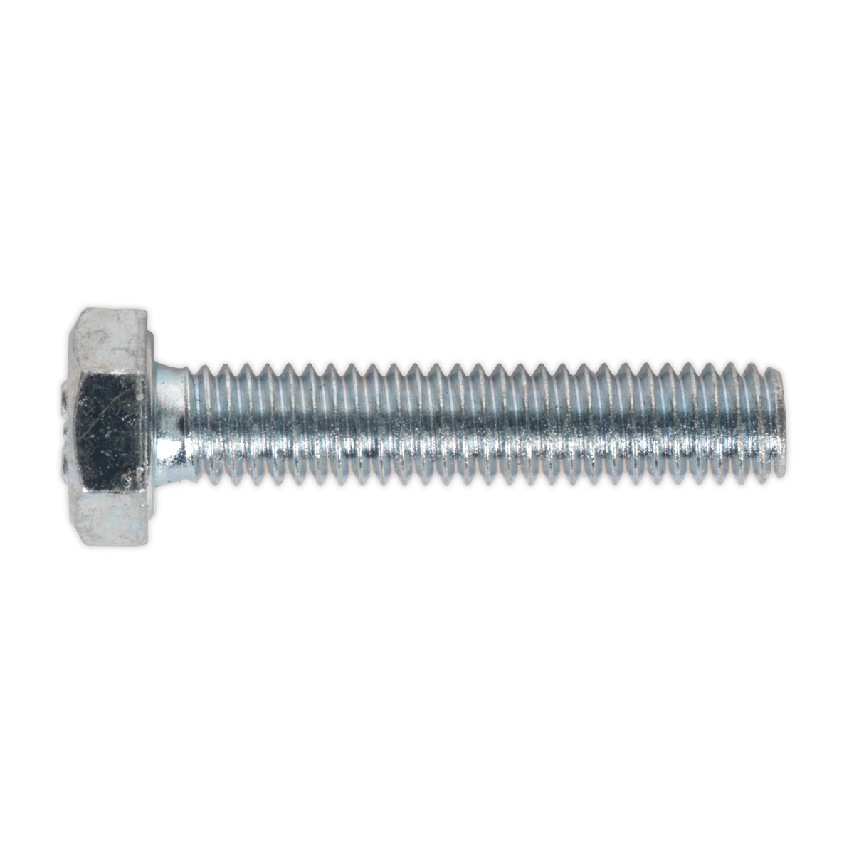 A Sealey HT Setscrew M6 x 30mm 8.8 Zinc from the SS630 pack of 50, featuring visible threading along its entire length, exemplifies its high tensile strength.