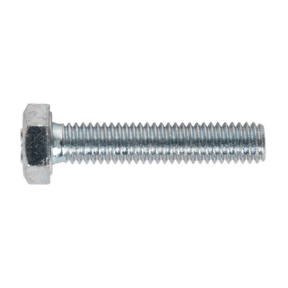 A Sealey HT Setscrew M6 x 30mm 8.8 Zinc from the SS630 pack of 50, featuring visible threading along its entire length, exemplifies its high tensile strength.