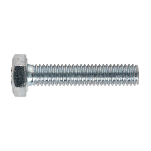 A Sealey HT Setscrew M6 x 30mm 8.8 Zinc from the SS630 pack of 50, featuring visible threading along its entire length, exemplifies its high tensile strength.