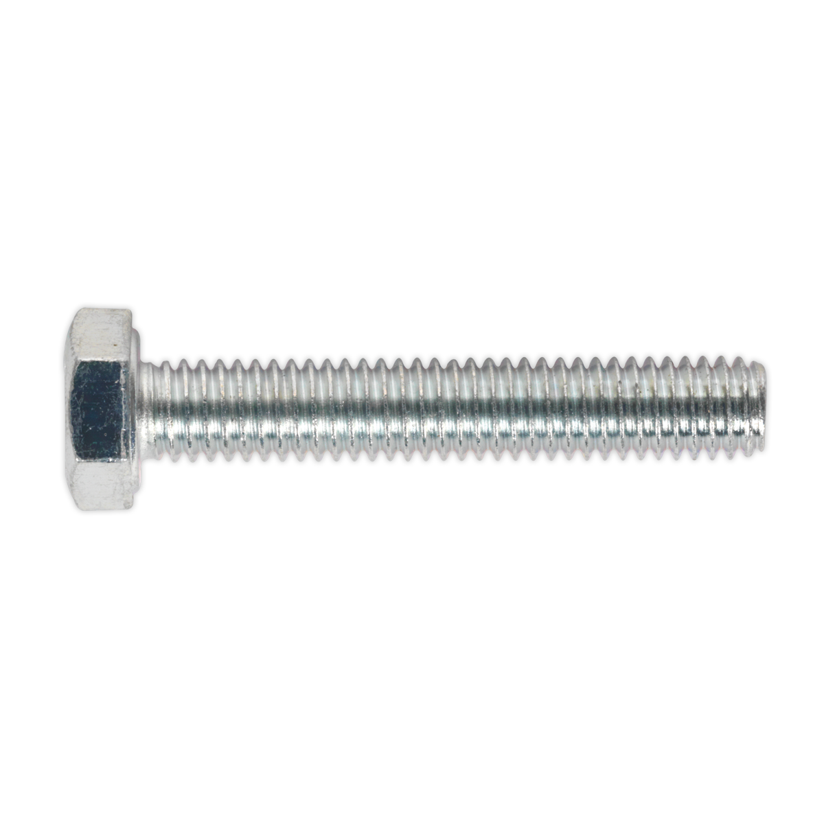 The HT Setscrew M6 x 35mm 8.8 Zinc by Sealey, featuring a hexagon head and fully threaded design with high tensile strength, is shown against a white background.