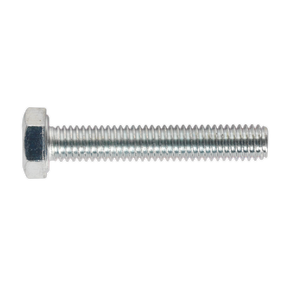 The HT Setscrew M6 x 35mm 8.8 Zinc by Sealey, featuring a hexagon head and fully threaded design with high tensile strength, is shown against a white background.