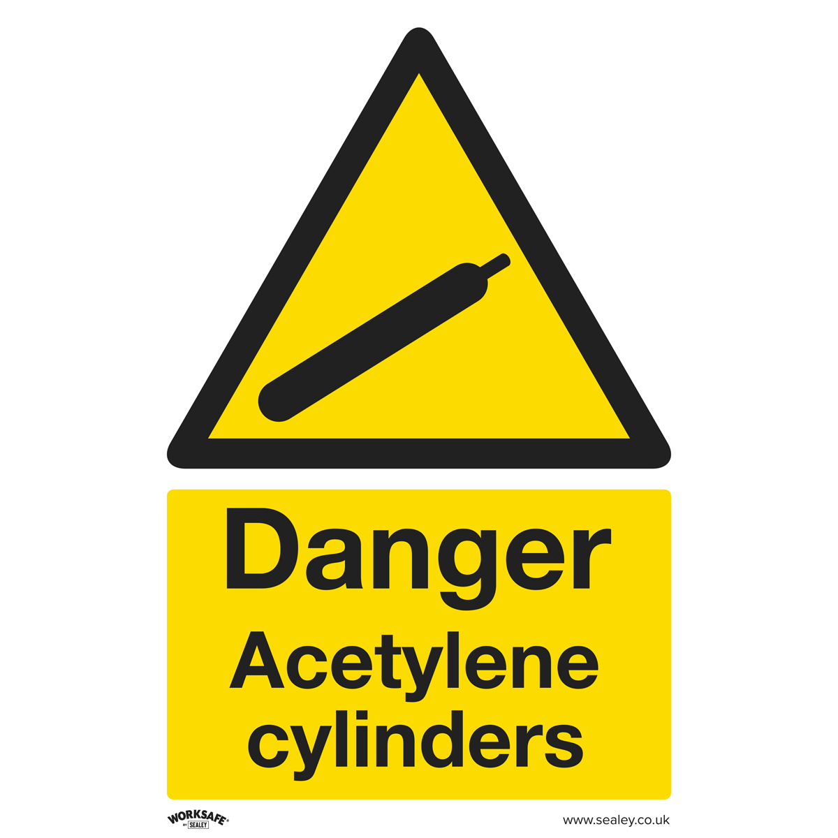 The Sealey Warning Safety Sign - Danger Acetylene Cylinders (SS63P10) features a triangular symbol depicting a gas cylinder on a yellow background. Made of rigid plastic for durability in commercial environments, this sign is available in a pack of 10.