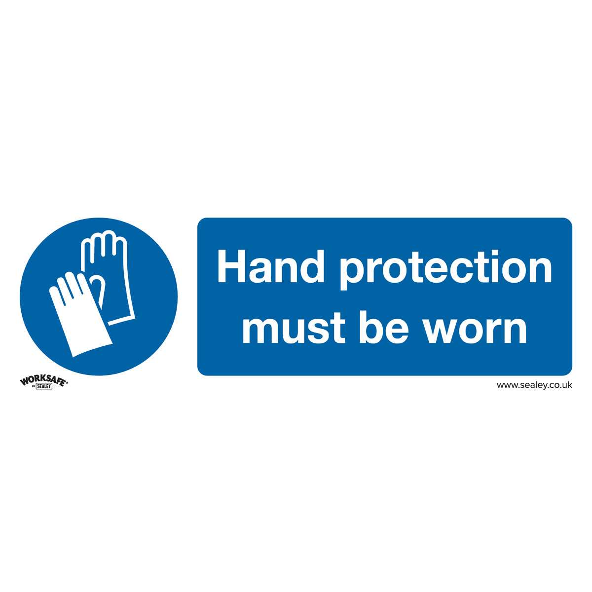 The Sealey Mandatory Safety Sign - Hand Protection Must Be Worn - Rigid Plastic (SS6P10) features a blue circle with an icon of gloves and text instructing "Hand protection must be worn." Ideal for commercial environments, this durable pack of 10 ensures compliance and longevity.