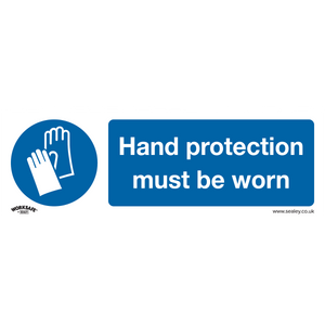 The Sealey Mandatory Safety Sign - Hand Protection Must Be Worn - Rigid Plastic (SS6P10) features a blue circle with an icon of gloves and text instructing "Hand protection must be worn." Ideal for commercial environments, this durable pack of 10 ensures compliance and longevity.