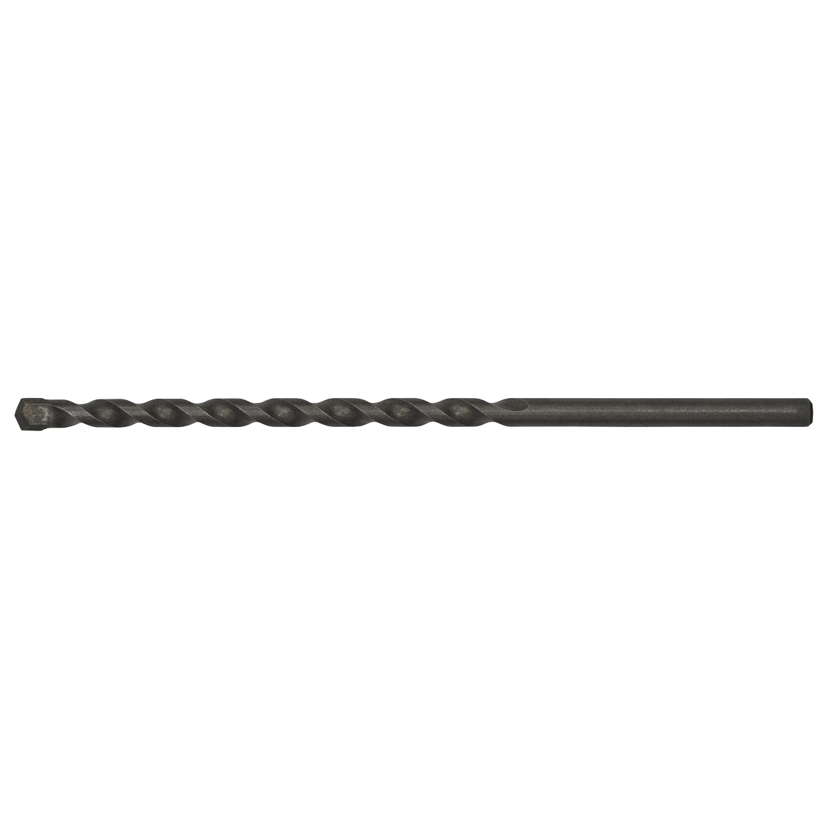 A close-up view of the Sealey Straight Shank Rotary Impact Drill Bit Ø6 x 150mm - SS6X150 against a white background. This black general-purpose drilling bit features a spiral flute and a pointed tip, making it suitable for masonry materials.