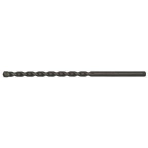 A close-up view of the Sealey Straight Shank Rotary Impact Drill Bit Ø6 x 150mm - SS6X150 against a white background. This black general-purpose drilling bit features a spiral flute and a pointed tip, making it suitable for masonry materials.