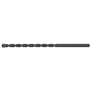 A close-up view of the Sealey Straight Shank Rotary Impact Drill Bit Ø6 x 150mm - SS6X150 against a white background. This black general-purpose drilling bit features a spiral flute and a pointed tip, making it suitable for masonry materials.