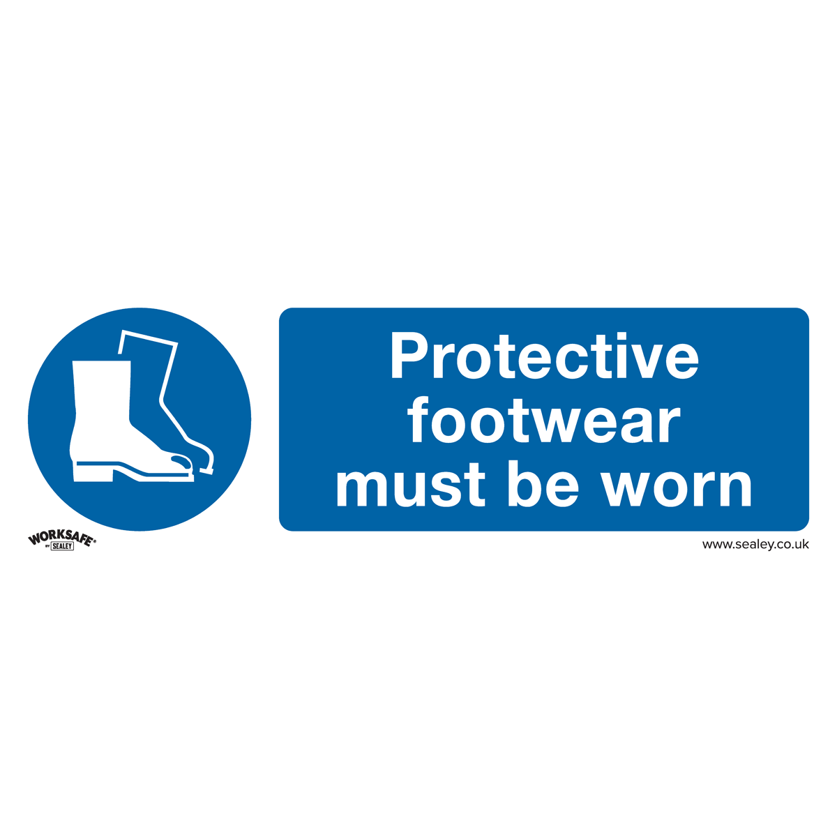 A Sealey Mandatory Safety Sign from the SS7P10 pack of 10, made from rigid plastic, features an icon of protective boots on the left side and displays the text "Protective footwear must be worn" on the right side, suitable for any workshop or office environment.