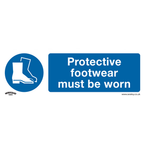 A Sealey Mandatory Safety Sign from the SS7P10 pack of 10, made from rigid plastic, features an icon of protective boots on the left side and displays the text "Protective footwear must be worn" on the right side, suitable for any workshop or office environment.