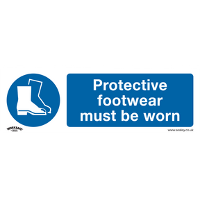 Sign stating "Protective Footwear Must Be Worn" with an icon of protective boots, printed on self-adhesive vinyl. The Sealey logo is present, suitable for commercial environments. Product name: Mandatory Safety Sign - Protective Footwear Must Be Worn - Self-Adhesive Vinyl - Pack of 10 - SS7V10.