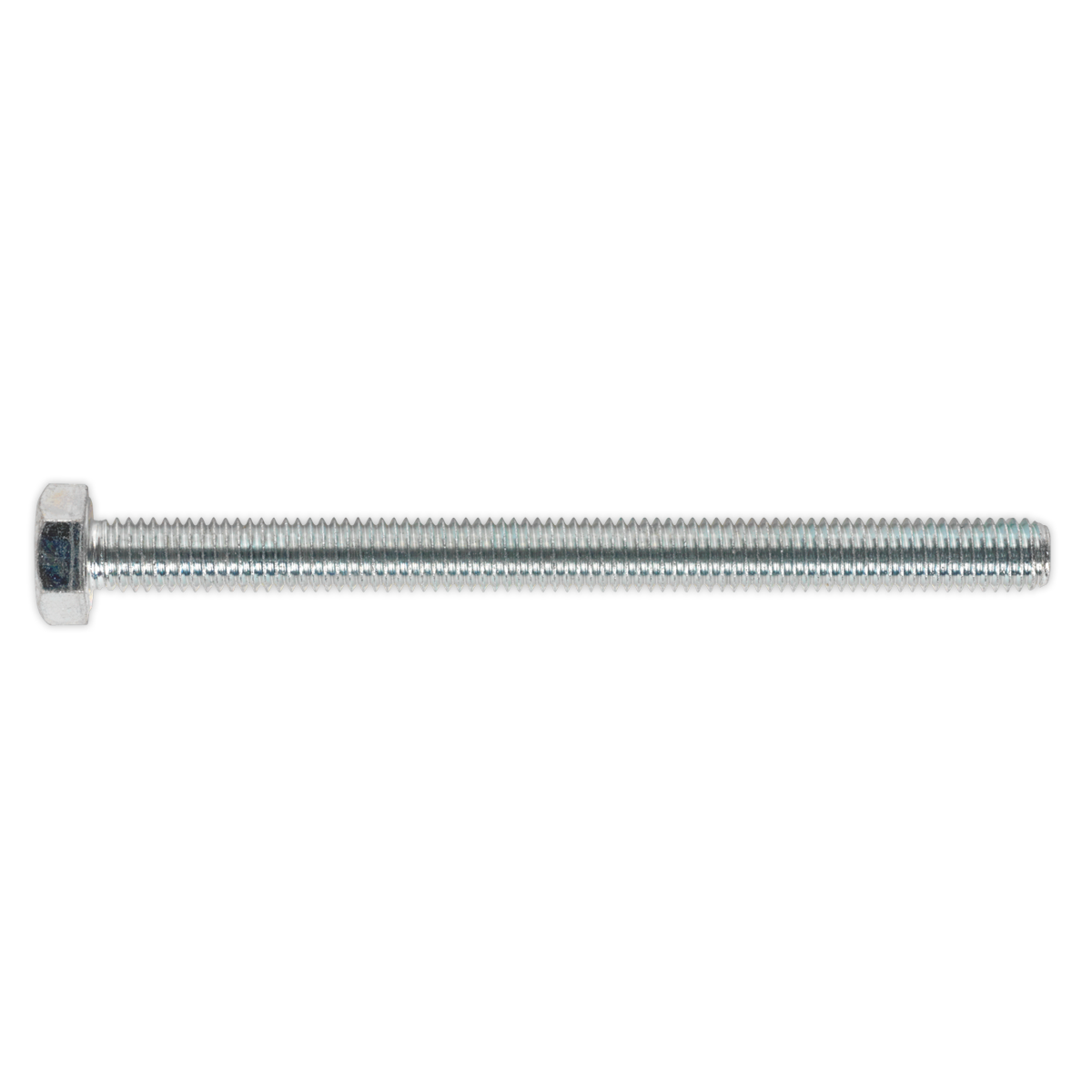 A Sealey HT Setscrew (SS8100) M8 x 100mm with a threaded shaft, made from high tensile steel, ensuring durability and strength. Pack of 25.