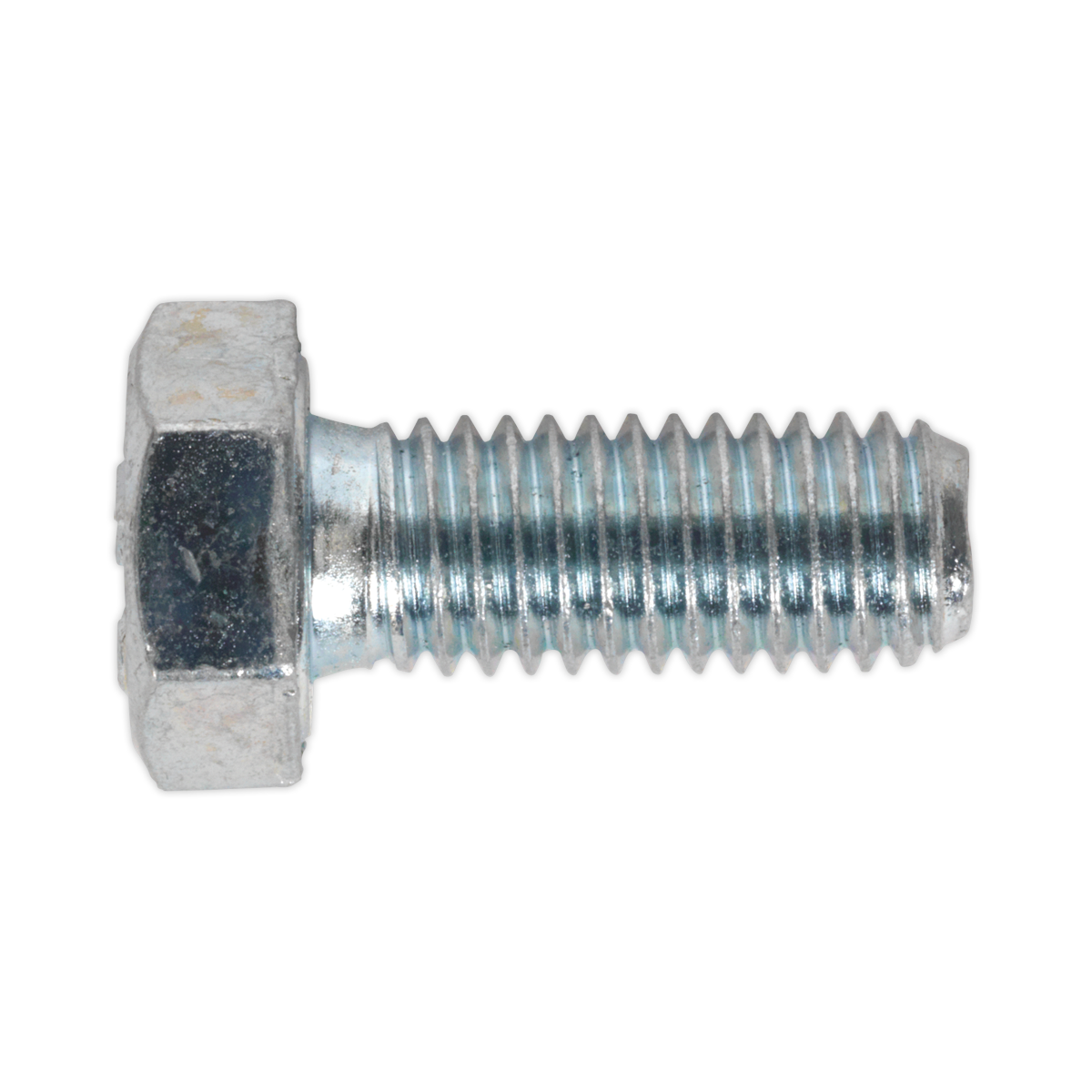 A Sealey HT Setscrew M8 x 20mm with high tensile strength (8.8 grade), featuring a shiny zinc finish and some wear on the hexagonal head.