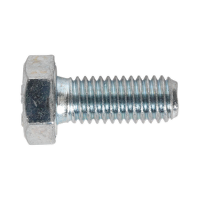 A Sealey HT Setscrew M8 x 20mm with high tensile strength (8.8 grade), featuring a shiny zinc finish and some wear on the hexagonal head.