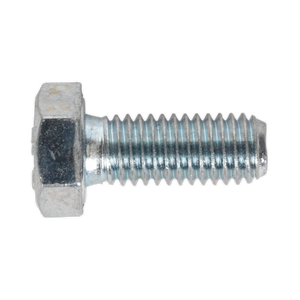 A Sealey HT Setscrew M8 x 20mm with high tensile strength (8.8 grade), featuring a shiny zinc finish and some wear on the hexagonal head.