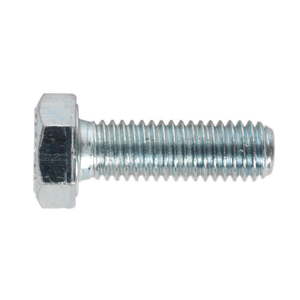 A close-up image of a Sealey HT Setscrew M8 x 25mm 8.8 Zinc from pack SS825, showcasing its threaded shaft, hexagonal head, and shiny surface. This example of high tensile strength bolts exhibits superior durability and reliability.