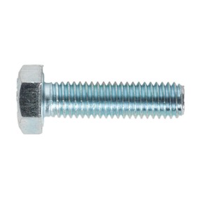 A close-up image of a Sealey HT Setscrew M8 x 30mm 8.8 Zinc (Pack of 50 - SS830) featuring a threaded shaft and a six-sided head, characteristic of high tensile strength steel.