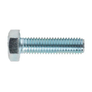 A close-up image of a Sealey HT Setscrew M8 x 30mm 8.8 Zinc (Pack of 50 - SS830) featuring a threaded shaft and a six-sided head, characteristic of high tensile strength steel.