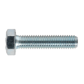 A Sealey HT Setscrew M8 x 35mm 8.8 Zinc (Pack of 50 - SS835) with high tensile strength and a fully threaded body, viewed horizontally against a white background.